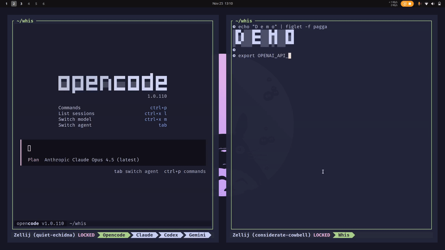 whis demo: run whis command, speak, press Enter, text is copied to clipboard
