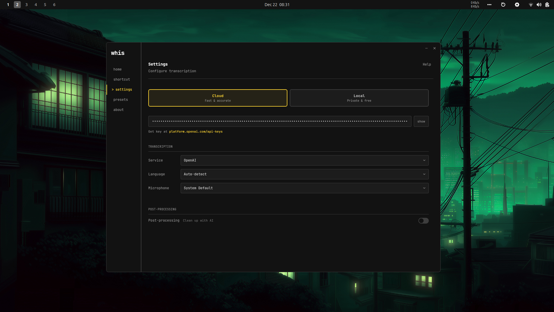 Cloud provider settings with OpenAI, Groq, Deepgram options