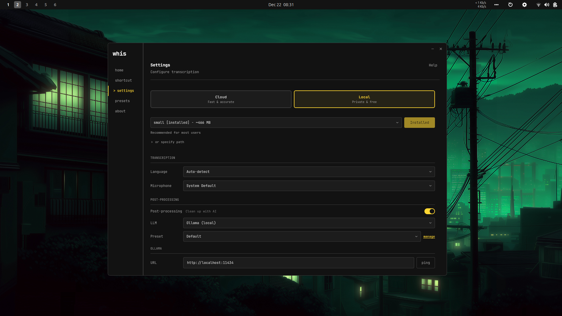 Local whisper model selection for offline transcription