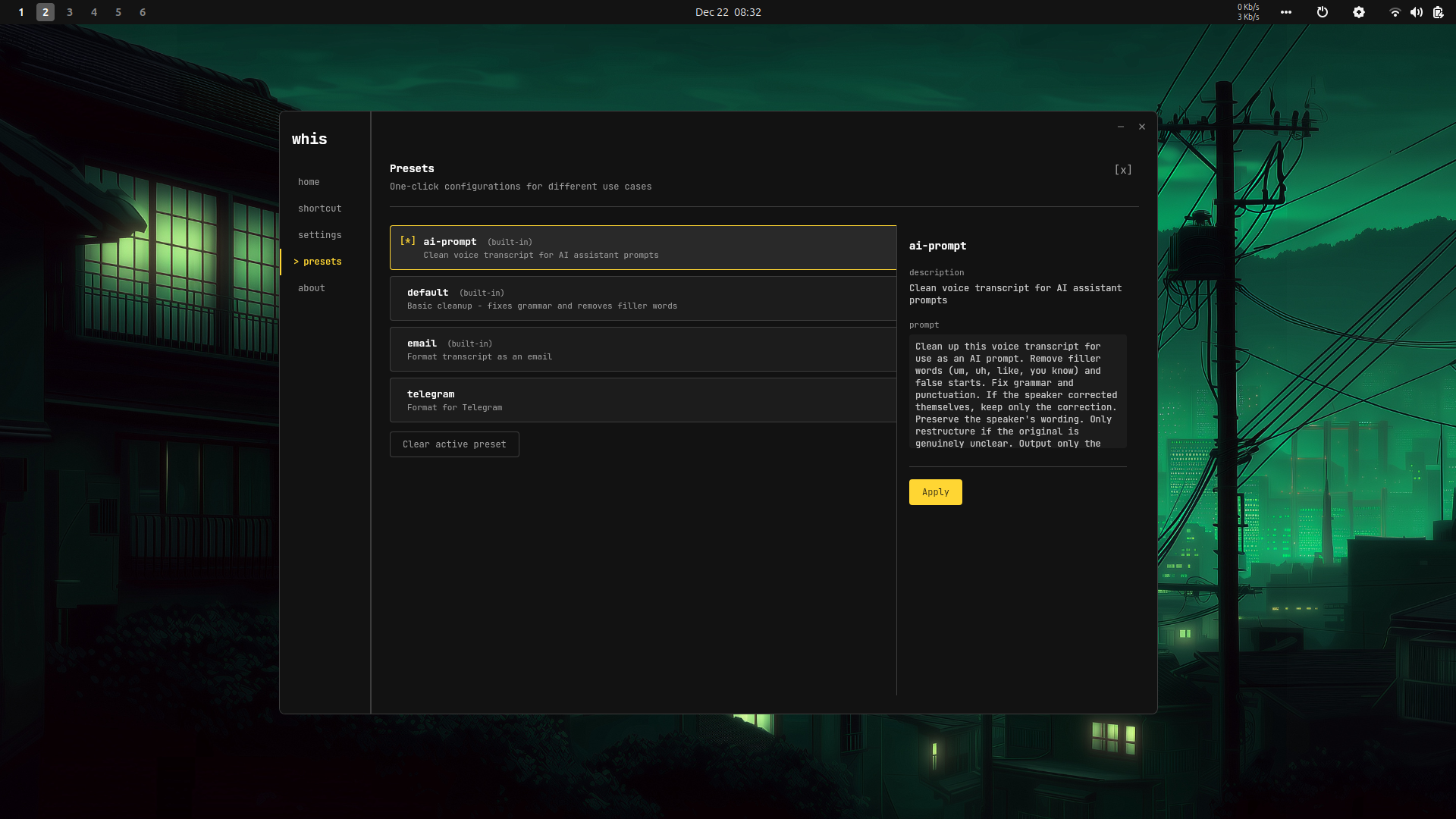 Preset configurations for AI prompts, email, and notes