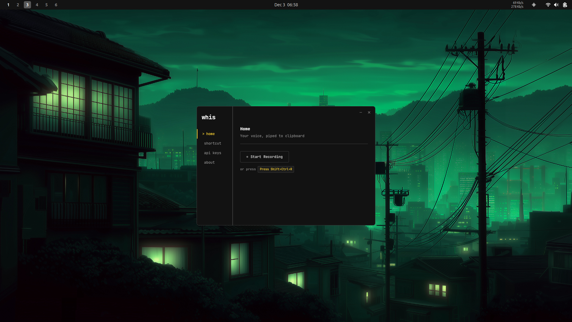 Whis home screen with Start Recording button
